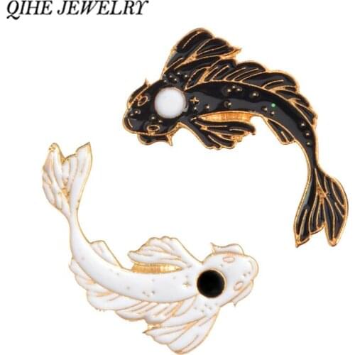 QIHE JEWELRY Yin Yang Koi Pins Japanese Koi Fish Goldfish Hard Enamel Lapel Pins Badges Brooches Animal Pins Clooection