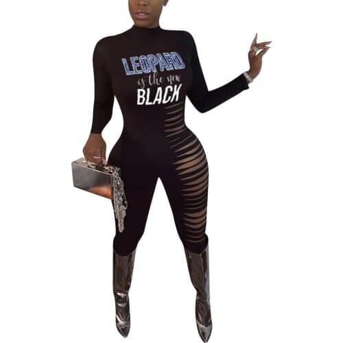 Ribbed Letter Printed Long Jumpsuit Women Sexy Hollow Out Rompers Long Sleeve Bodysuit One Piece Club Outfit Black Jumpsuit 2021