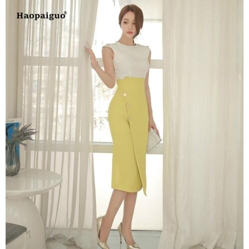 Two Piece Set Women Suit 2021 Summer Sleeveless Blouse Shirt Tops and Split Slim Skirt Crop Top and Skirt Set 2 Piece Set Women