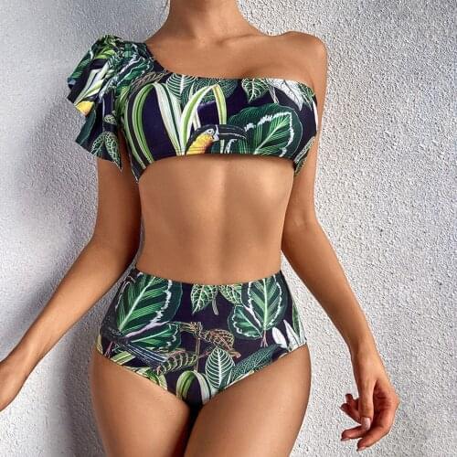 Womens Fashion Sexy Leaf Print Ruffles High Waist Split Swimsuit Bikini