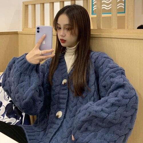 PEONFLY Women Knitted Cardigan Sweater Long Sleeve Korean Ladies Casual Jacket Coat Loose Solid Female Cardigan Blue Red