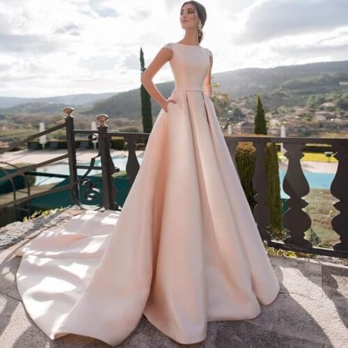 EVALOVE New Elegant O-Neck Satin Court Train Customized A-Line Wedding Dresses Luxury Appliques Cap Sleeve Vintage Bridal Gown