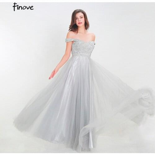 Finove Prom Dresses 2020 Long New Chic Fully Beaded Sexy Strapless Off The Shoulder Tulle Formal Woman Dress Vestido de fiesta