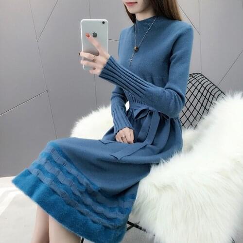 Sweater Dress Women Long Sleeve A-line Solid Color Sweater Dress 2021 New Autumn Winter Fashion Casual Femme Bottoming Vestidos