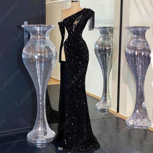 Luxury Arabic Black Sequins Mermaid Evening Dresses For Women Party 2021 Dubai Prom Dresses Evening Wear Turkish Couture