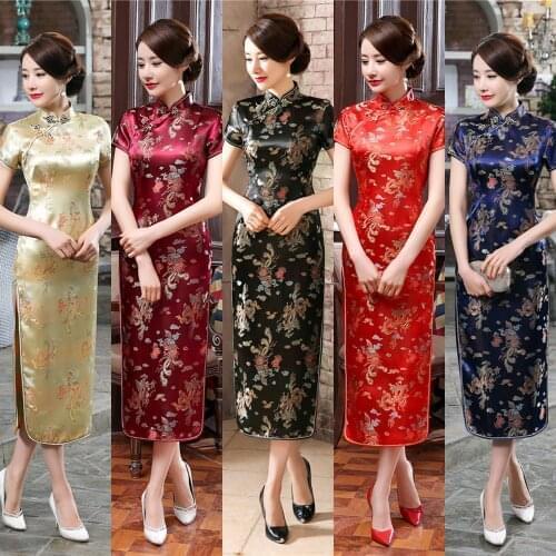 17Colors Chinese Traditional Costumes Dress Cheongsam Tang Suit New Year Print Women Tight Bodycon Split Dress Sexy Vestidos