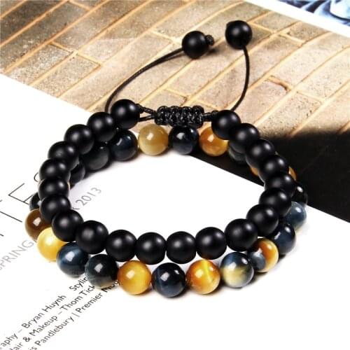 2pcs/Set Multicolor Tiger Eye Bracelet For Men Women Matte Black Onyx Braided Bracelet Set Balance Yoga Elastic Rope Jewelry