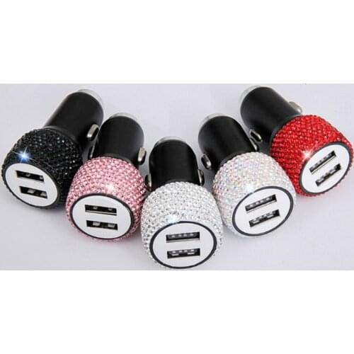 Fashion New 1 Pc Dual USB Car Charger Bling Handmade Rhinestones Crystal Car Decorations for Fast Charging Car Decor 5 Styles