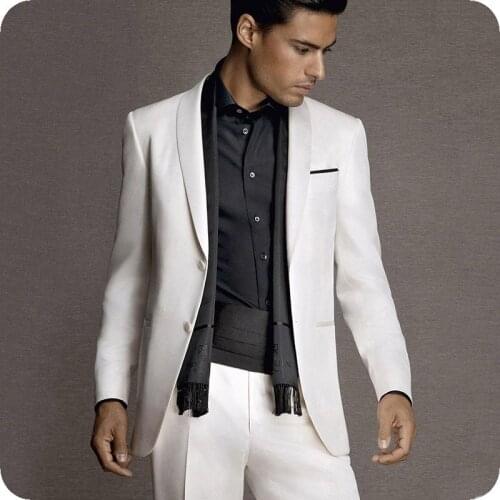 White Classic Mens Wedding Suits Custom Made Groom Tuxedo Shawl Lapel Slim Fit Man Blazer 2Piece Costume Homme Groomsmen Suit