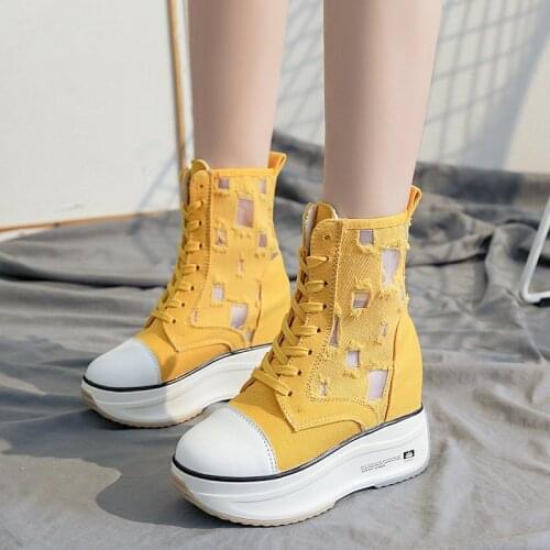 New Hollow Canvas Ankle Boots Women Breathable High Top Round Toe Platform Boots Lace Up Height Increased Shoes Woman