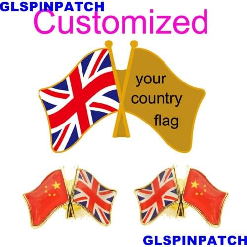 United Kingd Crossed Friendship Flag Double Country lapel pin Brooch USA UK France Chile Russia Saudi Arabia Japan Spain Badge