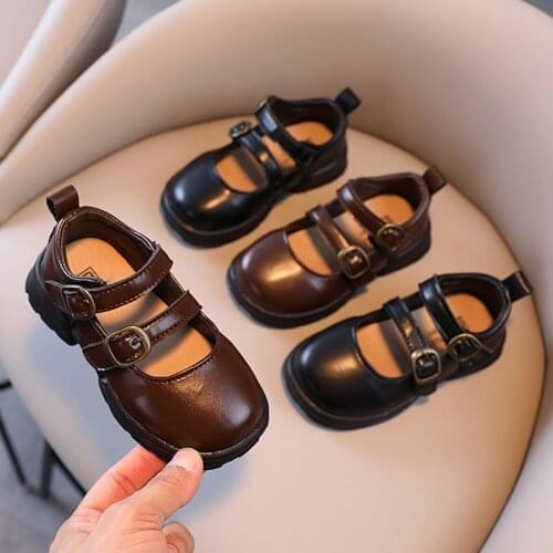 Spring Autumn Kids Leather Shoes Double Buckle Mary Janes Shoes Retro Girls Princess Shoes British Platform Anti-slip Toddlers