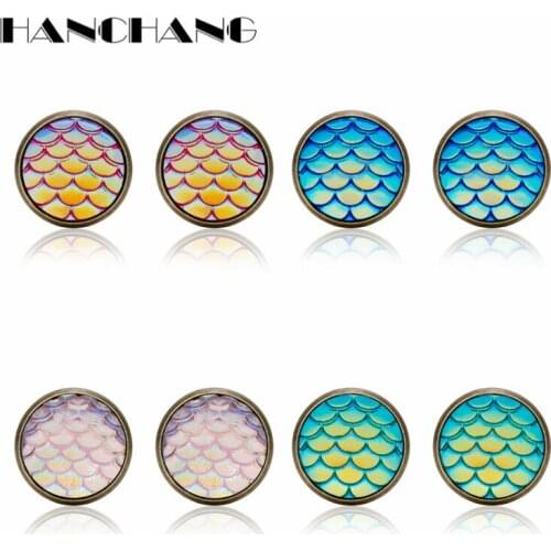 HANCHANG Shining Round Fish Scales Earrings for Women Bling Ear Earring Jewelry Accessories Ear Studs Gift