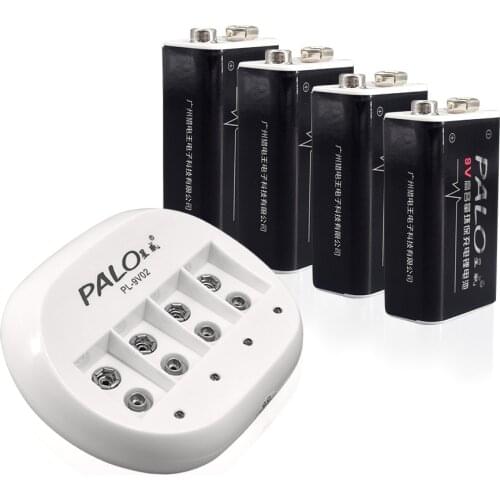 PALO 4pcs 9V Li-ion Rechargeable Battery 600mAh+LED Smart 9V Battery Charger For 6F22 9V Lithium Battery 9v Rechargeable Battery