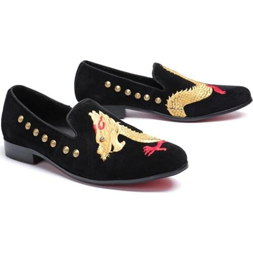 Luxury Dragon embroidery Real Leather Dress Shoes Elegent Italian Black Casual Shoes Rivets Studded Soft Mens Loafers Moccasins