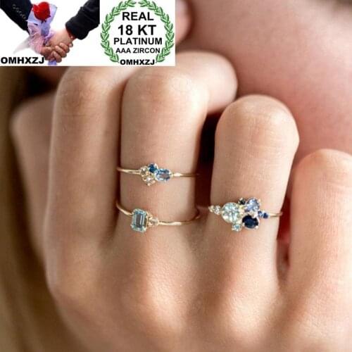 OMHXZJ Wholesale European Fashion Woman Girl Party Wedding Gift Slim Gold Blue AAA Zircon 18KT Yellow Gold Ring Set RR726