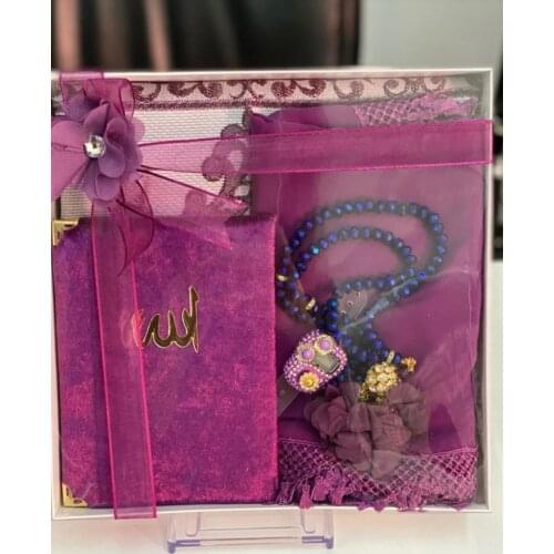 Prayer Rug Set 5 Piece Purple Pink Muslim Set Arabic Islamic Mevlüt Umrah Gift Sijadat Prayer Rug Yasin i Şerif Rosary