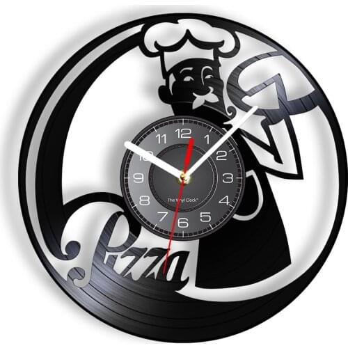 Pizza Chef Wall Clock Made Of Real Vinyl Record Italian Dishes Western Cuisine LED Lighting Wall Watch Kitchen Decor For Cooks