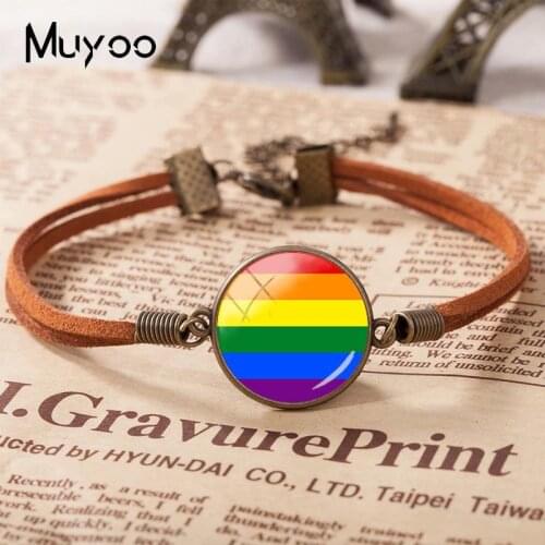 2019 New Pride Flag Leather Bracelet Pansexual Transgender Flags Bracelets Glass Dome Cabochon Handmade Jewelry