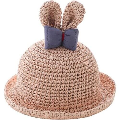New Cute Cartoon Rabbit Ears Straw Hats Girls Summer Outdoor Beach Sun Hats 2-4 Years Old Bow Kids Cap For Children