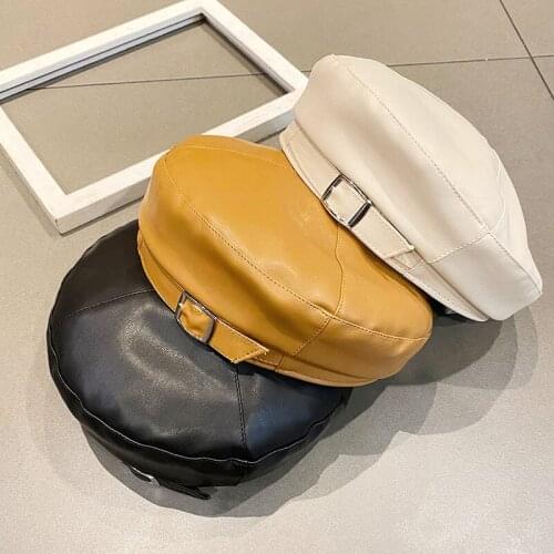 New Fashion Leather Cap Solid Beret Hat Women Cap Female Ladies Beanie Beret Girls PU Hat