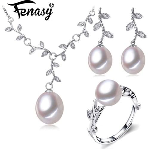 FENASY 925 Sterling Silver Jewelry Sets for Women Natural Freshwater Pearl Necklaces For Women Flower Pendant Drop Earring Ring