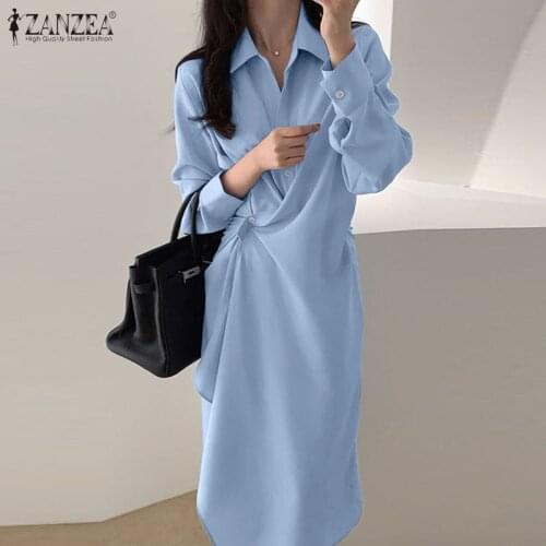 ZANZEA Korean Women Lapel Neck Asymmetrical Long Shirt Dress Fashion Spring Elegant Long Sleeve Work OL Vestido Buttons Sundress