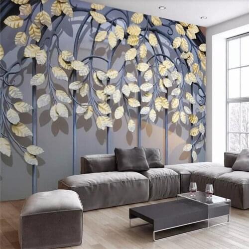 Wallpaper vintage wrought iron golden leaf 3d stereo modern TV background wallpaper mural high-grade waterproof material