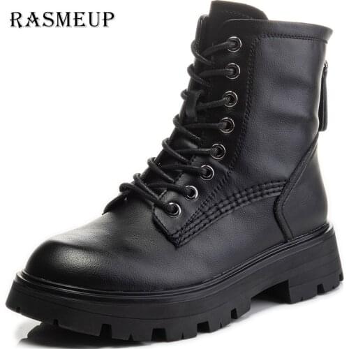 RASMEUP Genuine Leather Female Zipper Designer Shoes Woman Booties 2021 Martin Black Platform Boots Women Heels Boot Female