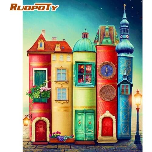 RUOPOTY Colorful House Landscape Painting By Numbers Handmade Unique Gift 60x75cm Framed On Canvas Modern Home Wall Decor