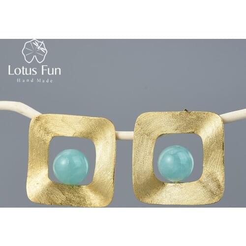 Lotus Fun Natural Stone Minimalist Style Uneven Square Stud Earrings Real 925 Sterling Silver 18K Gold Handmade Fine Jewelry