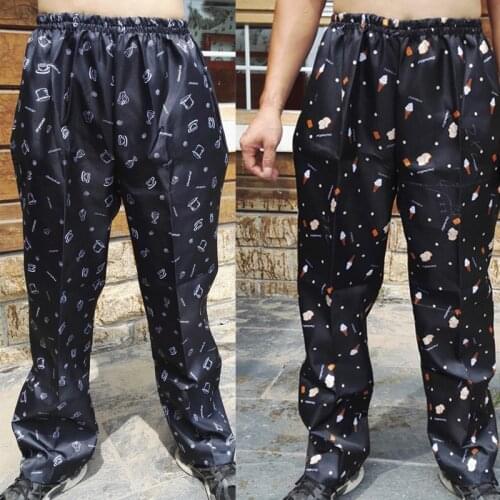 Kitchen pants waterproof oil elastic waist printing pants men wear breathable thin section chef pants summer loose cook uniforms