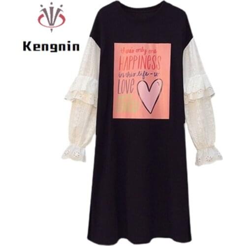 Loose Oversized 5XL Women T-Shirt Dress 2021 Autumn Winter Patchwork Lace Hollow Out Female Robe Print Letter Lady Dress KE1850