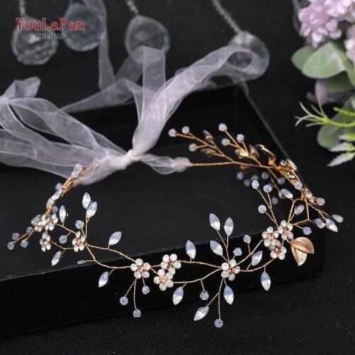 TOPQUEEN HP360 Bridal Hair Accessories Wedding Headband Women Tiara Flower Prom Bridal Hair Band Gold Leaf Pearl Bride Headpiece