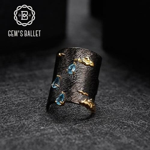 GEMS BALLET Nature Swiss Blue Topaz Statement Cocktail Rings 925 Sterling Silver Handmade Clouds Sea Swallows Ring For Women