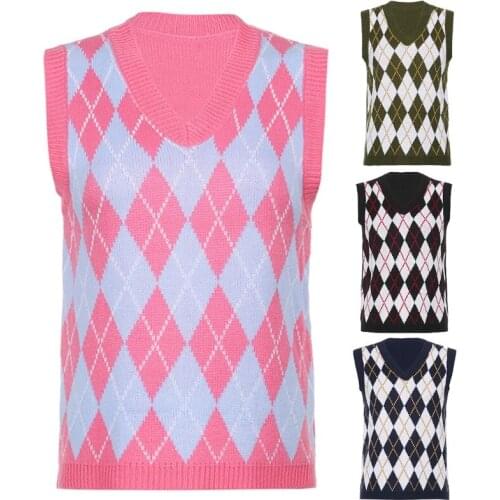 Women Autumn Preppy Style V-Neck Knitted Vest Vintage Geometric Argyle Plaid Sleeveless Sweater Pullover Jumper Tank Top