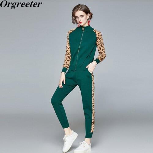 2021 Spring Fall Leopard Patchwork Sweater Suits Stand Collar Casual Zipper Knit Cardigan + Ankle-length Pants Knitted 2 PCS Set