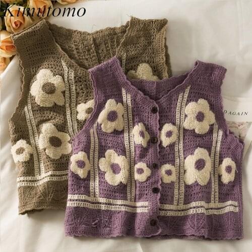 Kimutomo Sweet Wind Patch Flower Knitted Vest Women 2021 New Autumn Single-breasted Sleeveless V-neck Cropped Top Casual