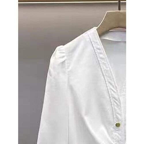 2021 Spring and Summer New Temperament Lady Style V-neck Single-breasted Three-quarter Sleeves Pleated Dress