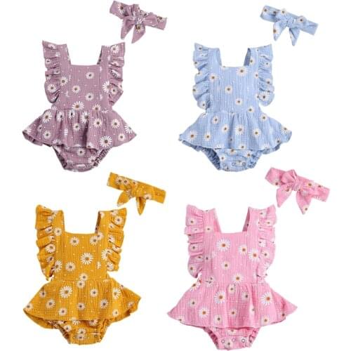 2021 Summer Newborn Kid Baby Girl Clothes Sleeveless Romper Outfit Casual Floral Ruffles Baby Girl Jumpsuit Headband