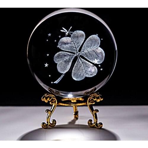 6CM Four Leaf Clover Miniatures Crystal Ball 3D Laser Engraved Glass Sphere with Stand Home Decoration Ornaments Gifts Planet