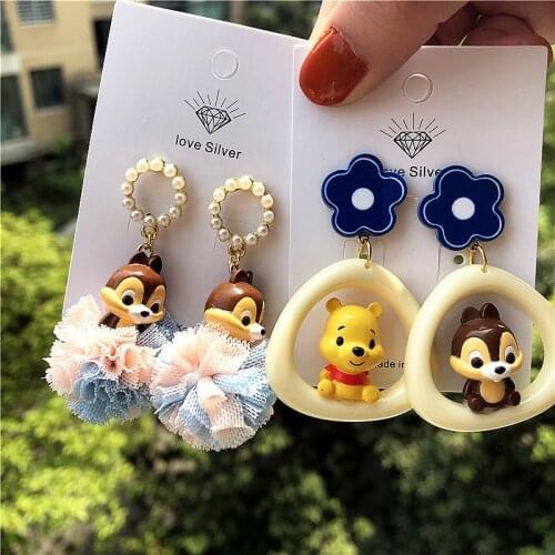 Disney Anime Accessories Resin Winnie The Pooh Chipmunk Chip 'n' Dale Flower Chip Dale Cute Asymmetric Ear Pendants 925 Silver