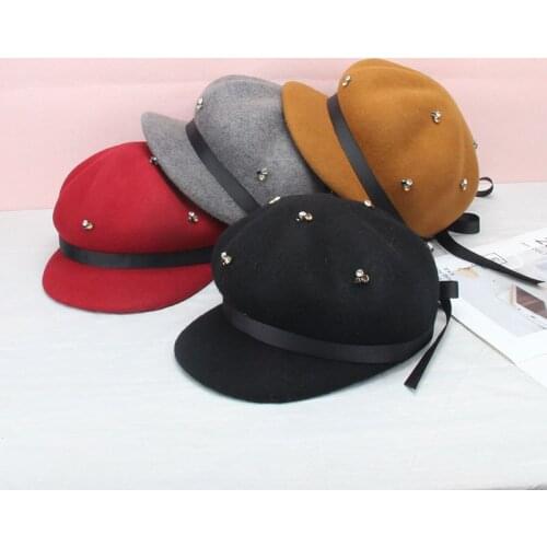 2021 New Women Pure Color French Artist Wild British Wool Cotton Beret Design Rhinestone Fashion Retro Painter Hat