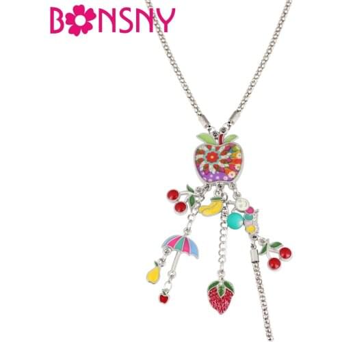 Bonsny Enamel Alloy Floral Apple Fruit Umbrella Choker Necklace Pendant Novelty Cartoon Jewelry For Women Girls Teens Kids Gift