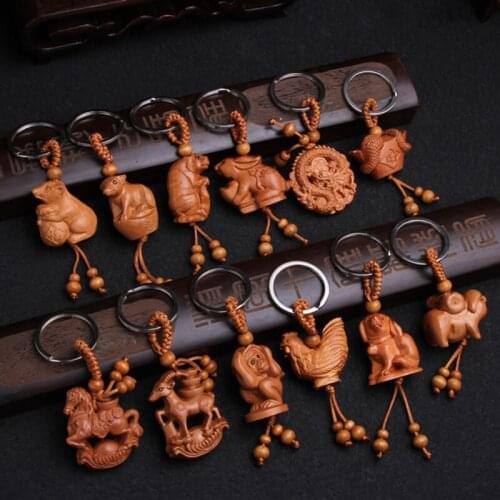 100pcs/Lot Wood Animals Keyring Twelve Chinese Zodiac Signs Keychain Wood Pearl Tassels Key Ring National Key Chain