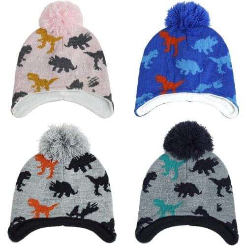 2020 Baby knitted Pompon hat New autumn and winter dinosaur jacquard boys and girls ear caps childrens woollen hat