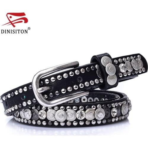 DINISITON Luxury Women Rivet Thin Belt Punk Rock Belts Cowskin Genuine Leather Handcrafted Female Hip Hop Jeans Strap CM004