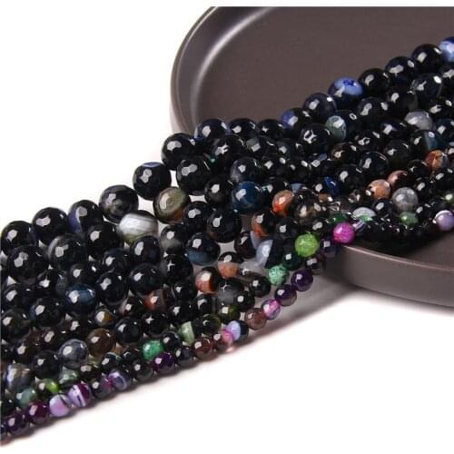Faceted Agates 6 8 10 12mm Natural Stone Colorful Veins Black Agates Round Loose Beads For Jewelry Making Handmade DIY Bracelet