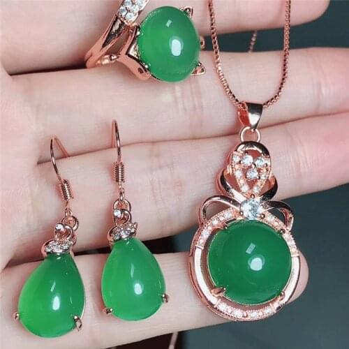 Jadery Fashion 925 Sterling Silver Gemstone Jewelry Sets Handmade Natural Green Jade Ring/Earrings/Necklace For Women Gifts 328