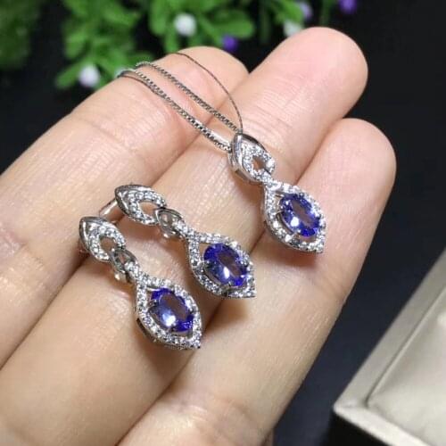 Natural blue tanzanite gem Water drops Pendant Earrings Natural Gemstone Jewelry Set 925 Silver Women party gift fine jewelry